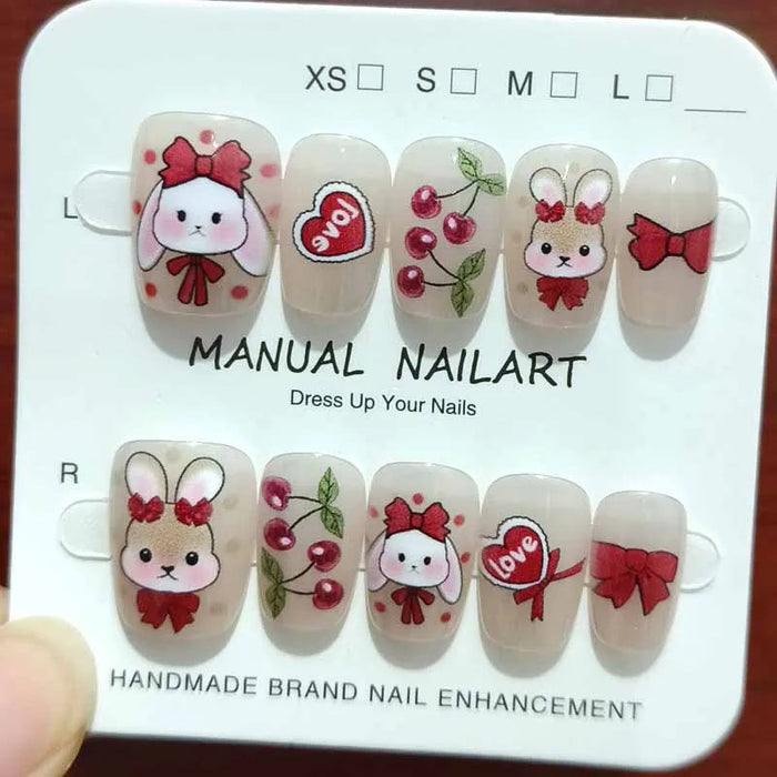 Sheer Nude Pink Bunny, Cherry, Bow and Heart Press On Nail Set