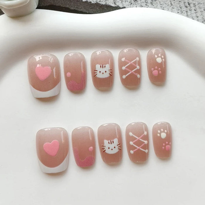 Sheer Nude Pink Cat and Heart French Tip Press On Nail Set