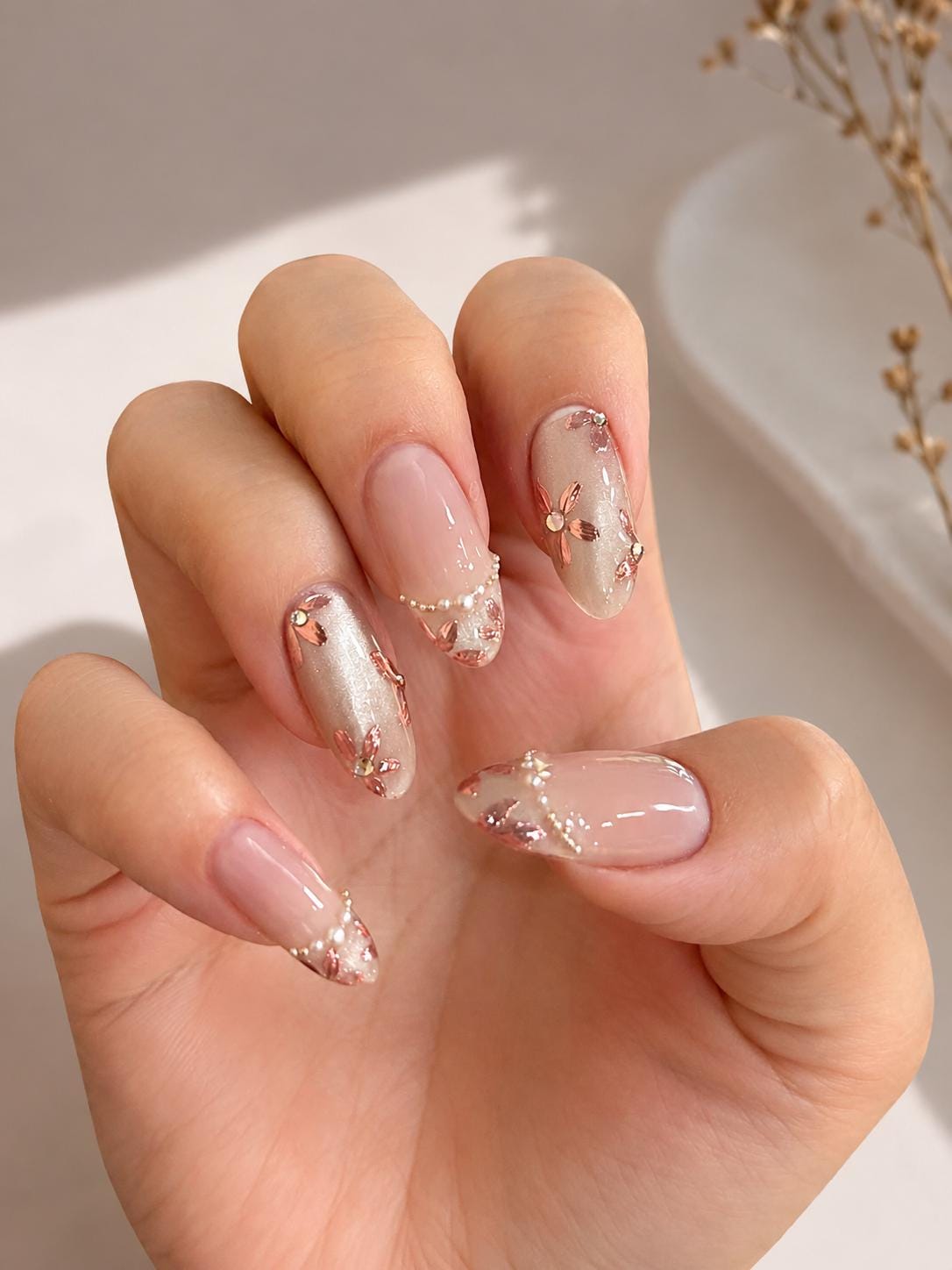 Sheer Nude Pink Floral French Tip Nail Set With Gold and Iridescent Accents
