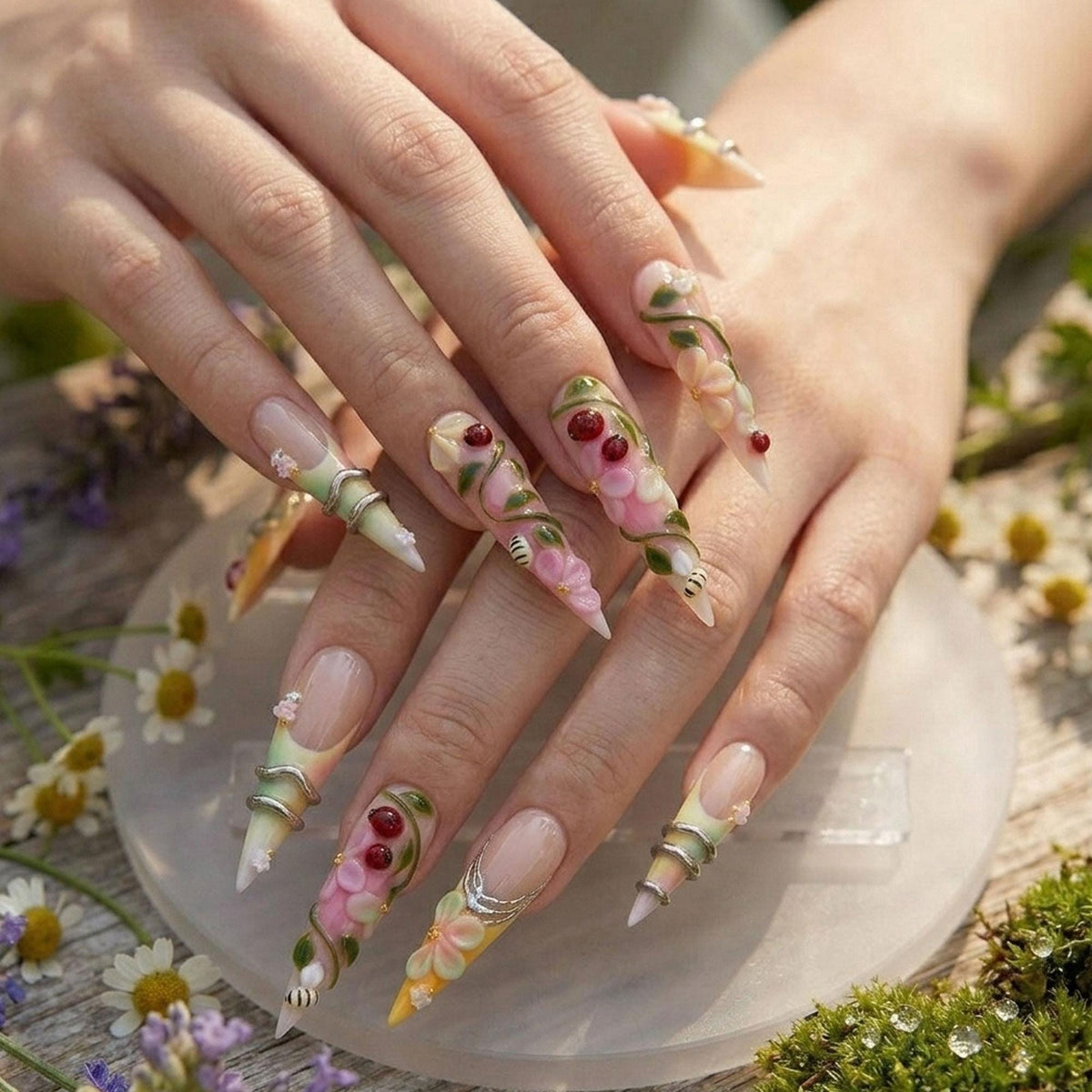 Sheer Nude Pink Floral Garden Press On Nails with Vines, Berries and Bees