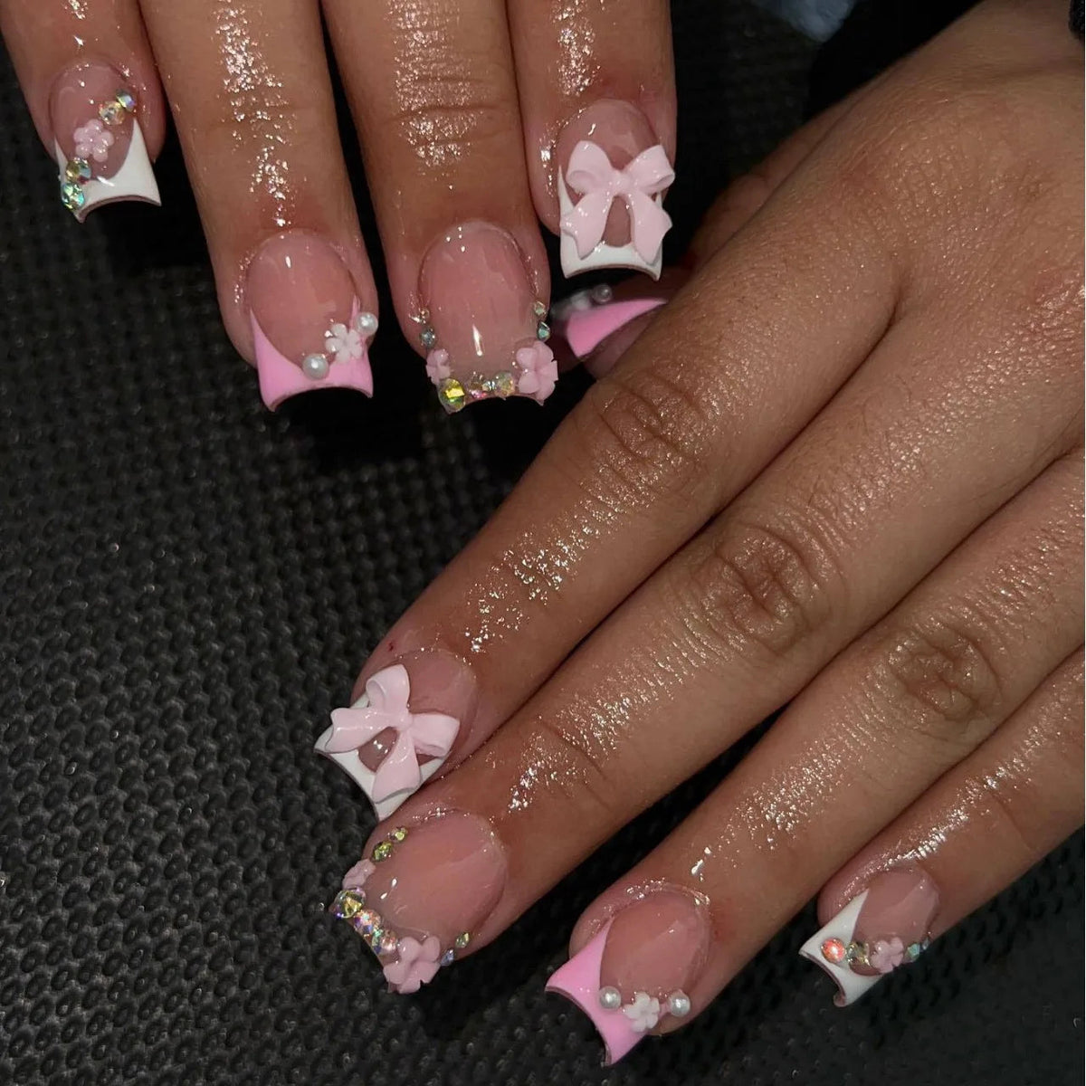 Sheer Nude Pink French Tip Nails With 3D Bows and Floral Accents