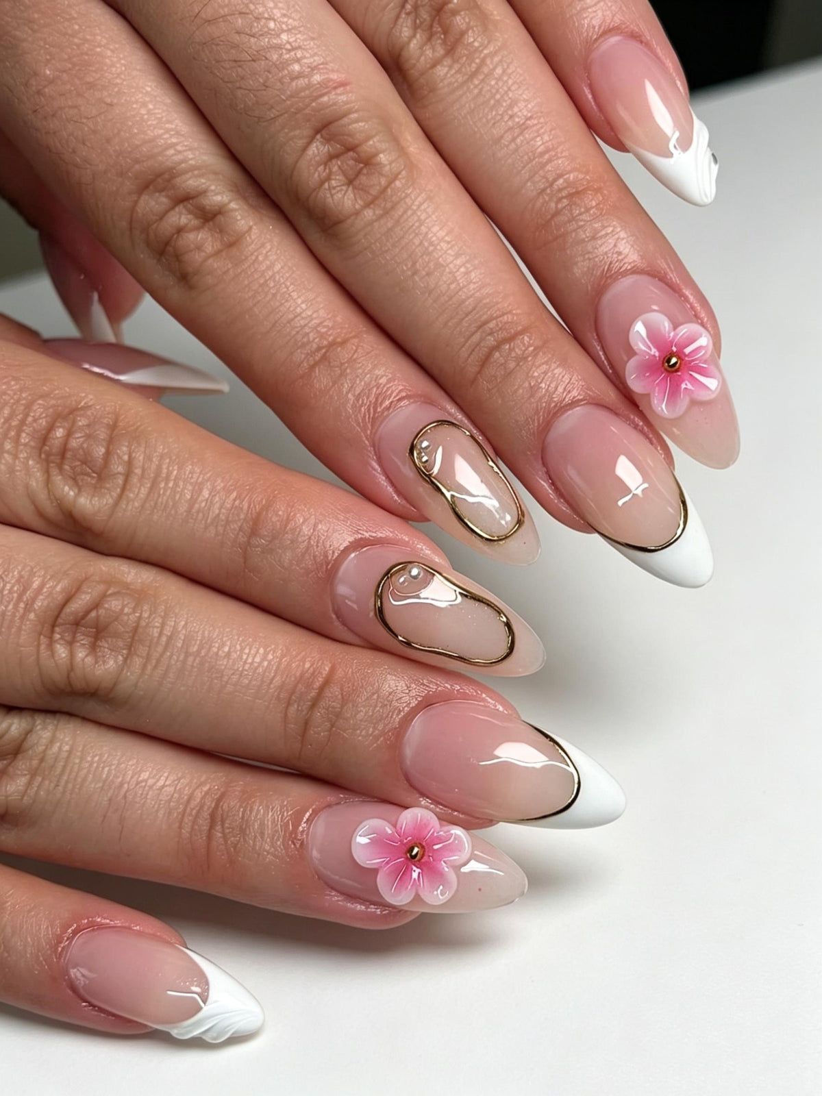 Sheer Nude Pink French Tip Nails with 3D Flowers and Gold Outlines