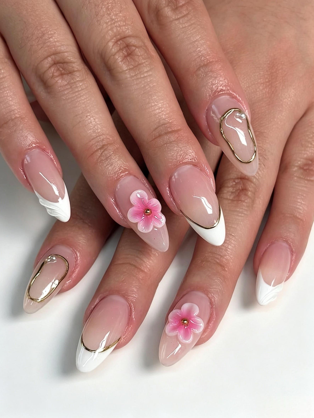 Sheer Nude Pink French Tip Nails with 3D Flowers and Gold Outlines