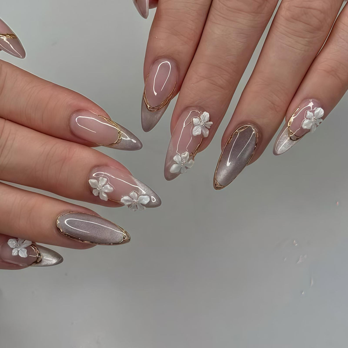 Sheer Nude Pink French Tip Nails With 3D White Flowers and Gold Accents