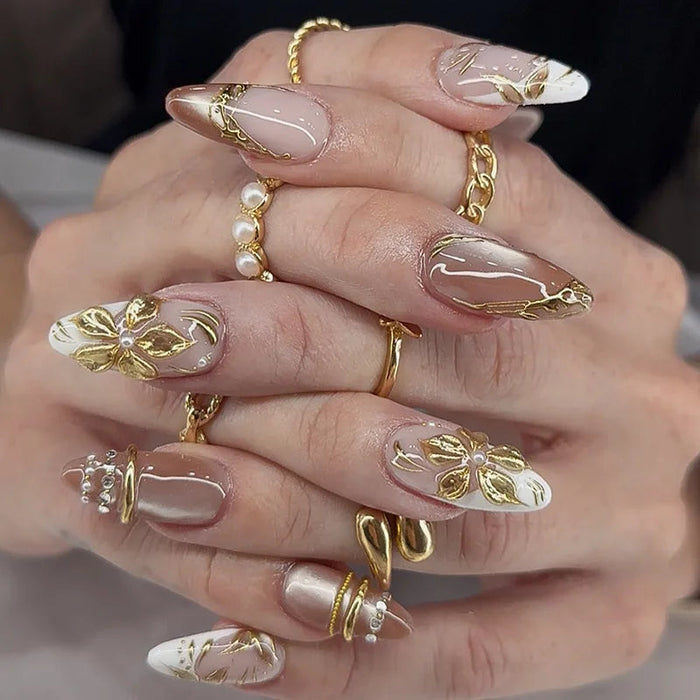 Sheer Nude Pink French Tip Press On Nails with Raised Gold Flowers and Pearl Details