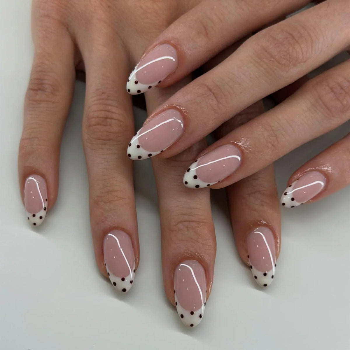 Sheer Nude Pink French Tip Press On Nails with Black Polka Dots