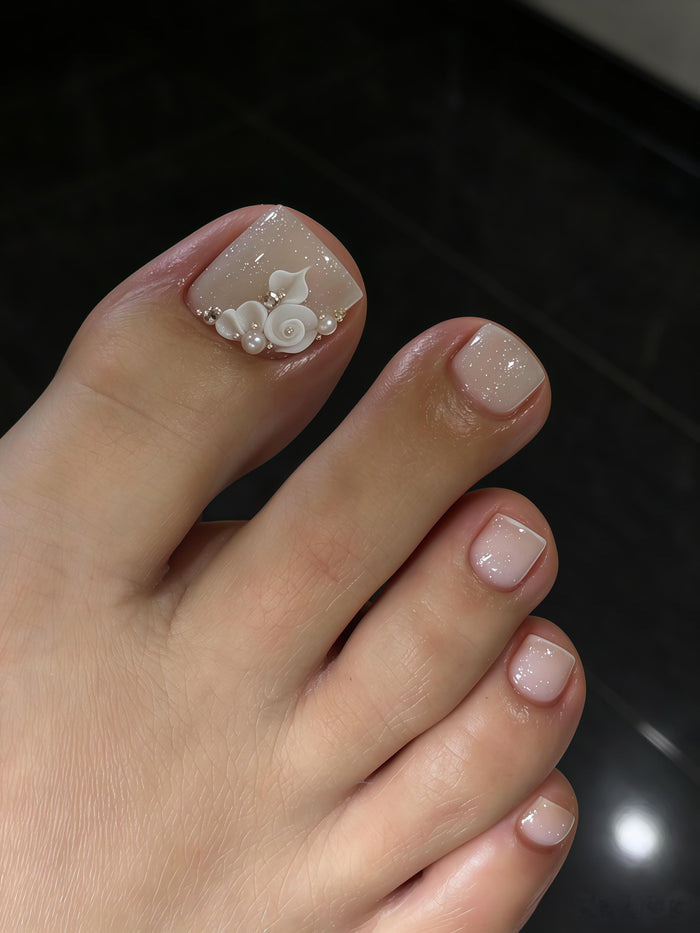 Sheer Nude Pink French Tip Press On Toenails with 3D White Roses and Pearl Accents