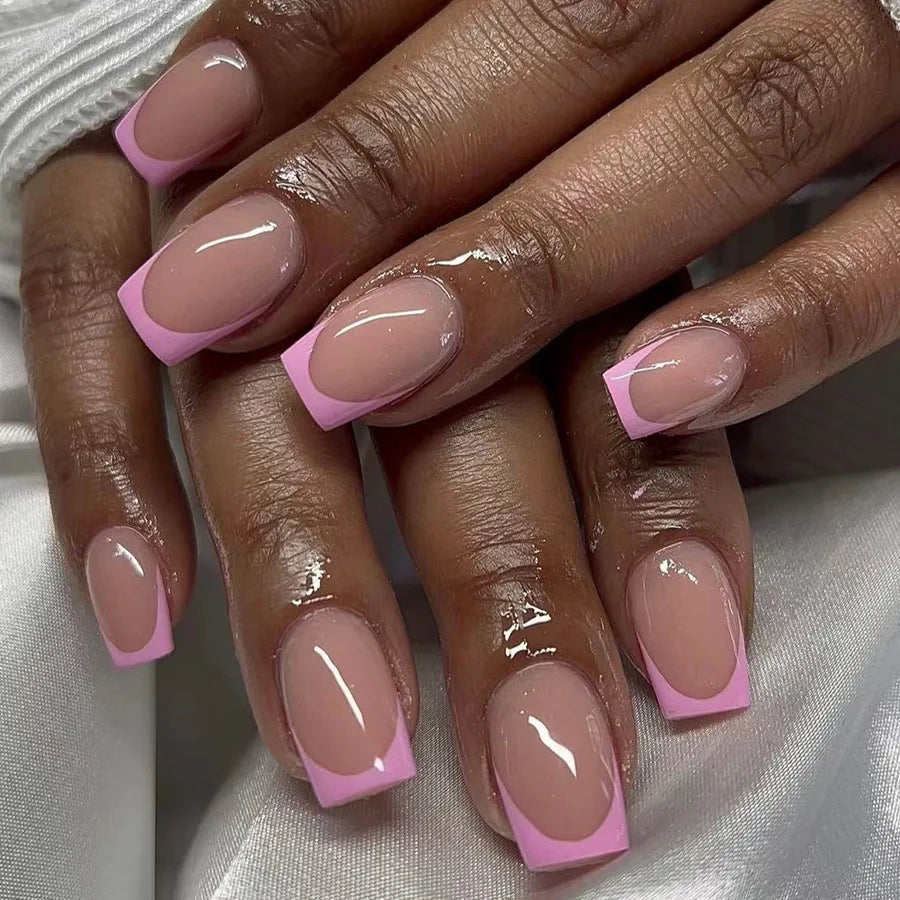 Sheer Nude Pink Nails With Bright Pink French Tips