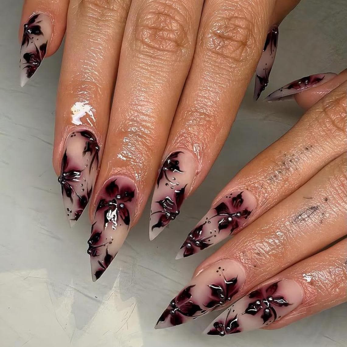 Sheer Nude-Pink Nails with Dark Burgundy and Black Gothic Flowers