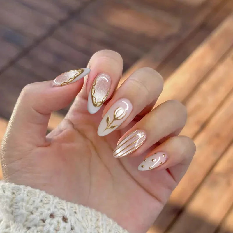 Sheer Nude Pink Nails with Gold Botanical Line Art