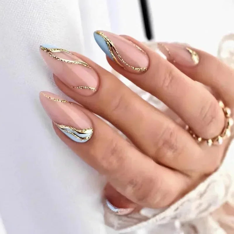 Sheer Nude Pink Nails With Gold Lines and Pale Blue French Tip