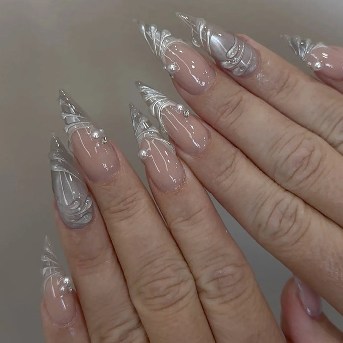 Sheer Nude Pink Press On Nails With Silver Chrome Wave Swirls and Rhinestones