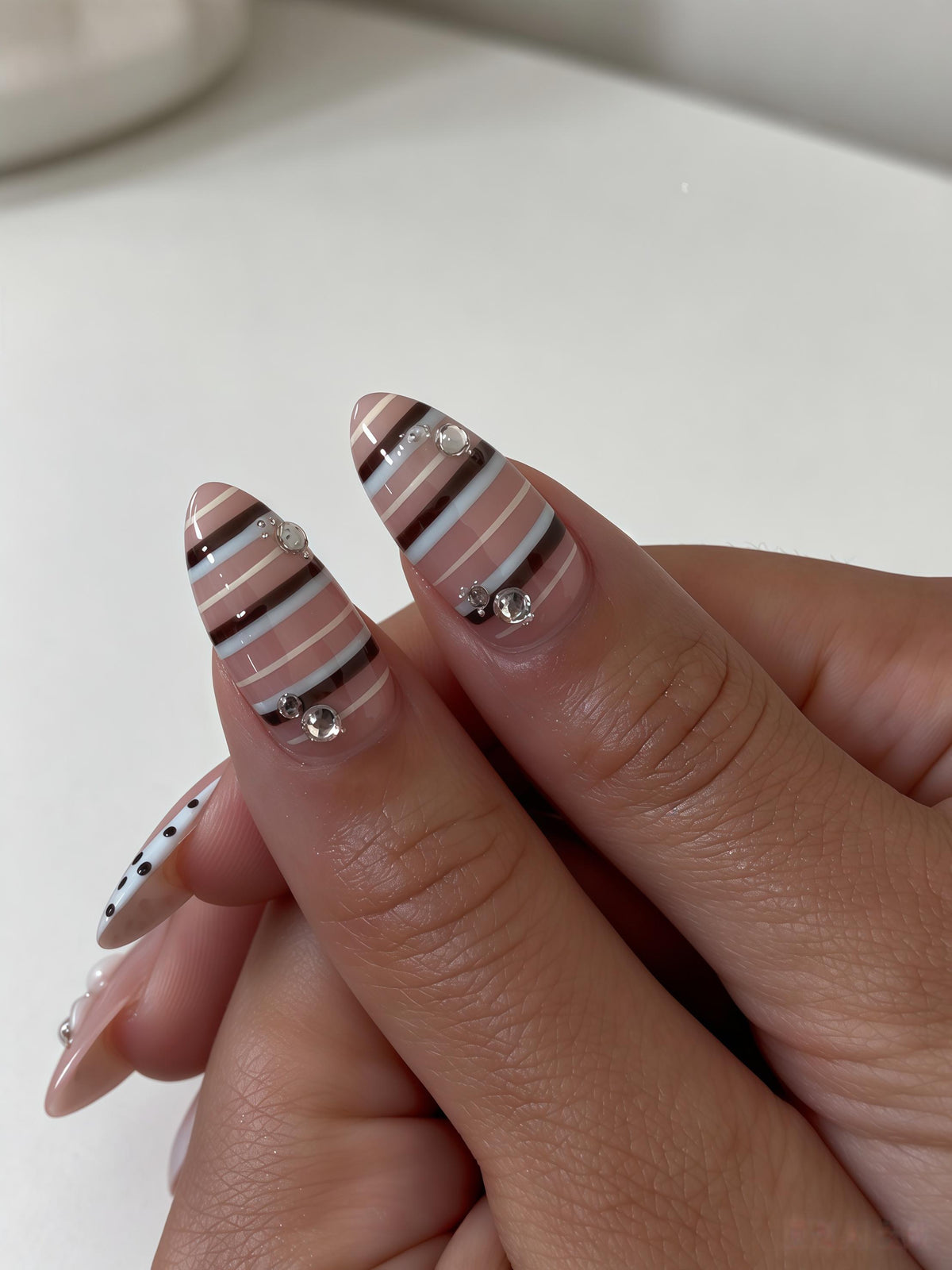 Sheer Nude Pink Nails With Stripe Details, Black Polka Dots and Silver Accents