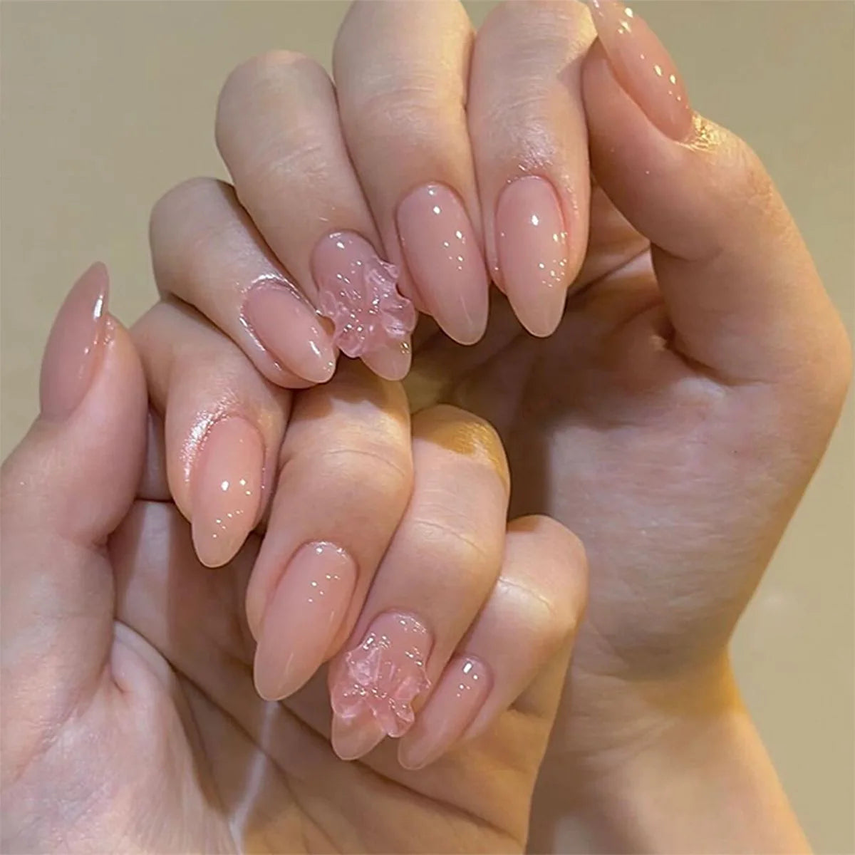 Sheer Nude Pink Nails With Translucent Sculpted Accents