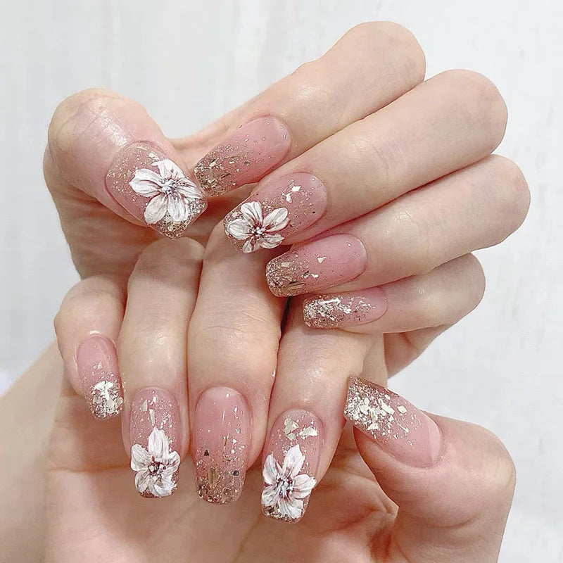 Sheer Nude Pink Press On Nails with Foil Glitter and 3D Pearl Flowers