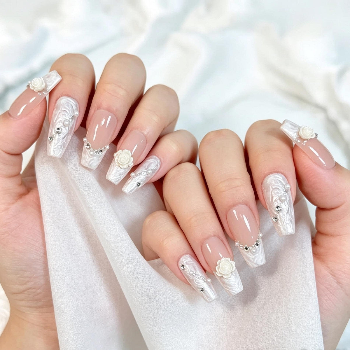 Sheer Nude Pink Rose and Pearl Marble Bridal Press On Nails