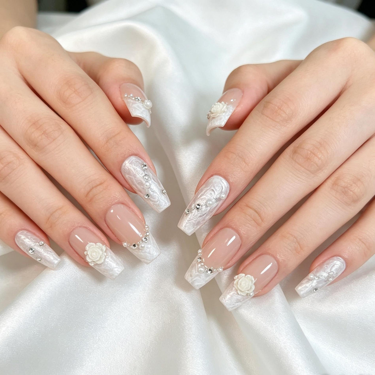 Sheer Nude Pink Rose and Pearl Marble Bridal Press On Nails