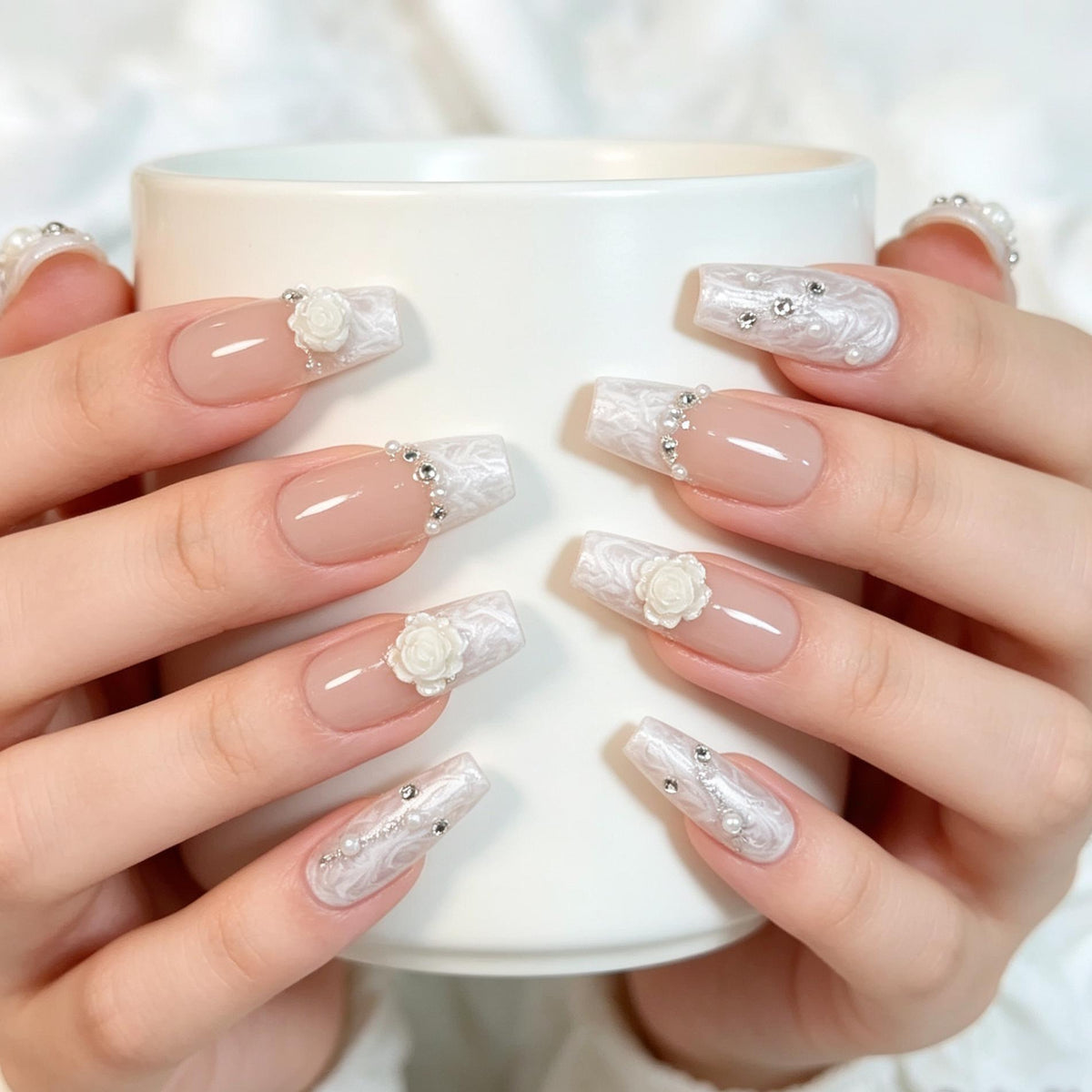 Sheer Nude Pink Rose and Pearl Marble Bridal Press On Nails