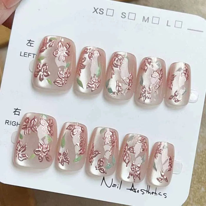 Sheer Nude-Pink Rose Gold Floral Press On Nail Set