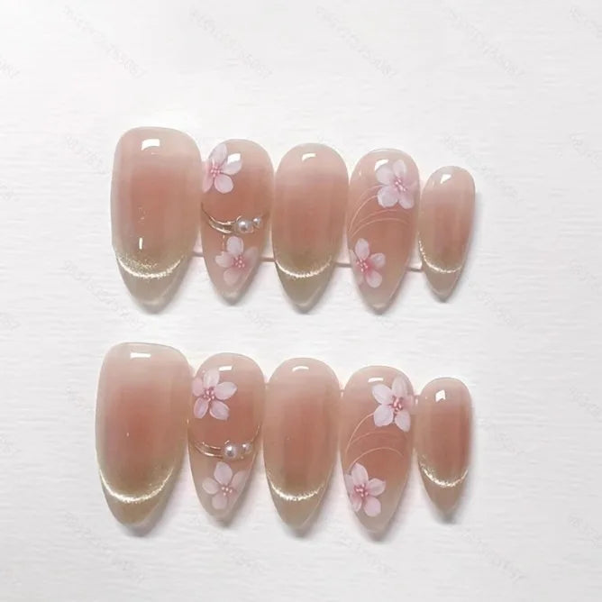 Sheer Nude Pink Sakura French Tip Press On Nails with Fine Metallic Edging