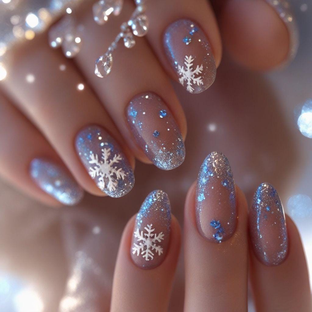 Sheer Nude-Pink Snowflake Glitter Gradient Press-On Nail Set