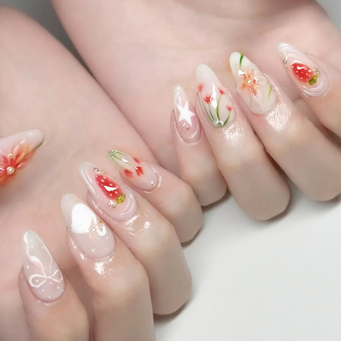 Sheer Nude Pink Strawberry and Floral Press On Nails