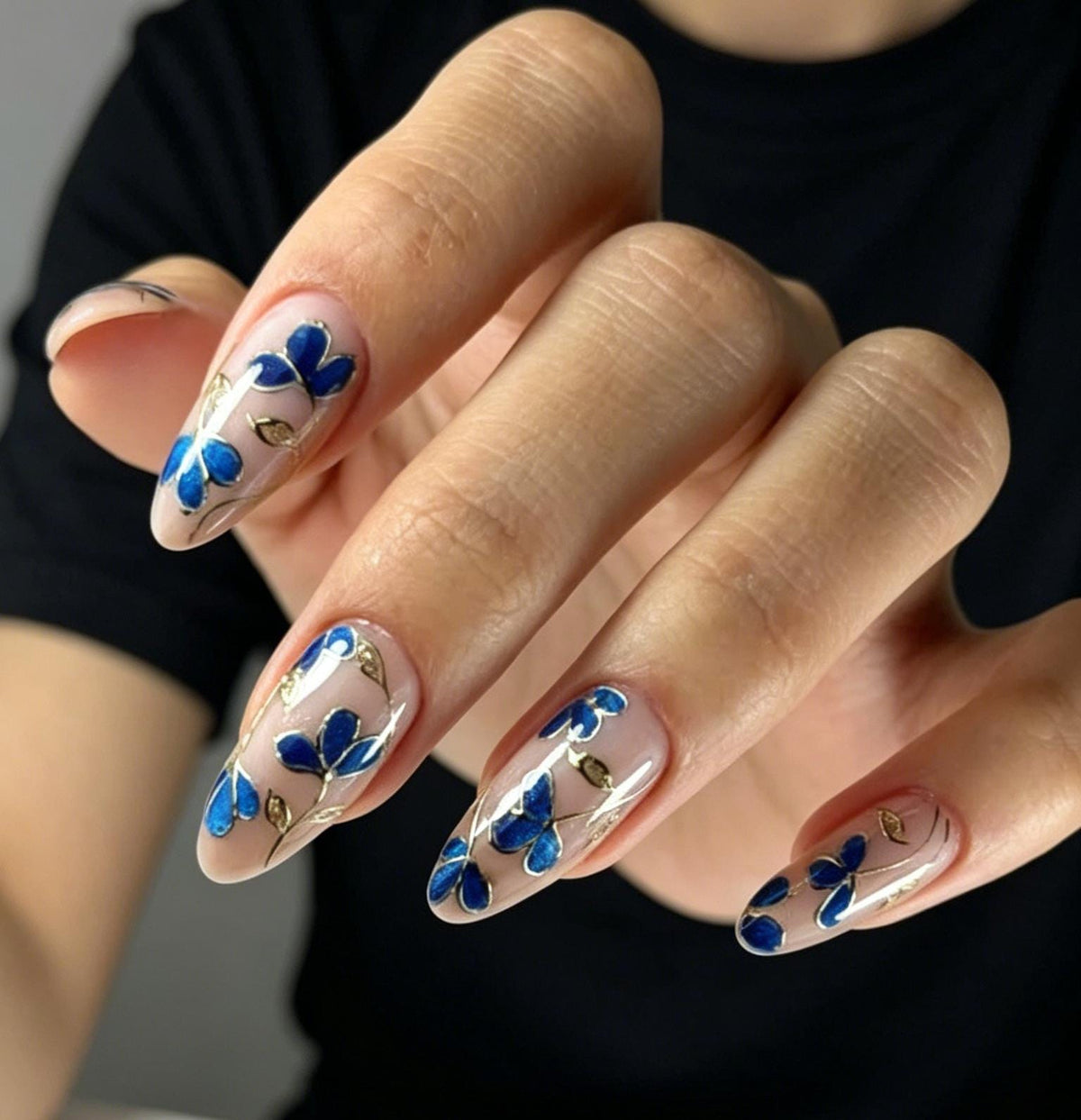 Sheer Nude Press-On Nails With Blue Flowers and Gold Accents