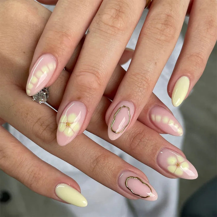 Sheer Pink and Butter Yellow Floral Press On Nails with Gold Outline Details