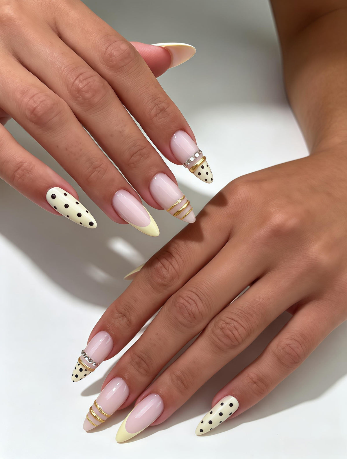 Sheer Pink and Ivory Polka Dot Nails with Gold Chain Details