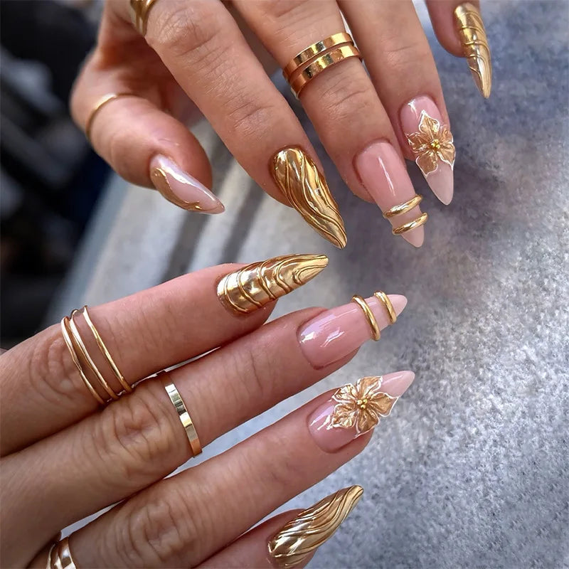 Sheer Pink and Nude Nails with Sculptural Gold Floral Accents