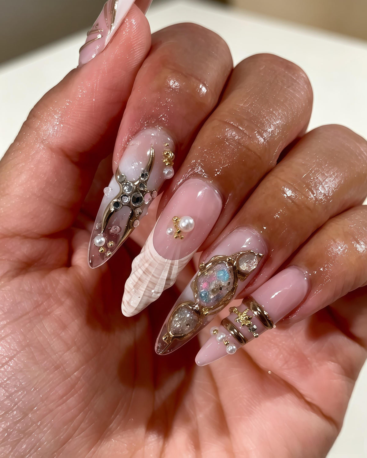 Sheer Pink and Nude Seashell Press On Nails with Gold Details, Pearls and Rhinestones