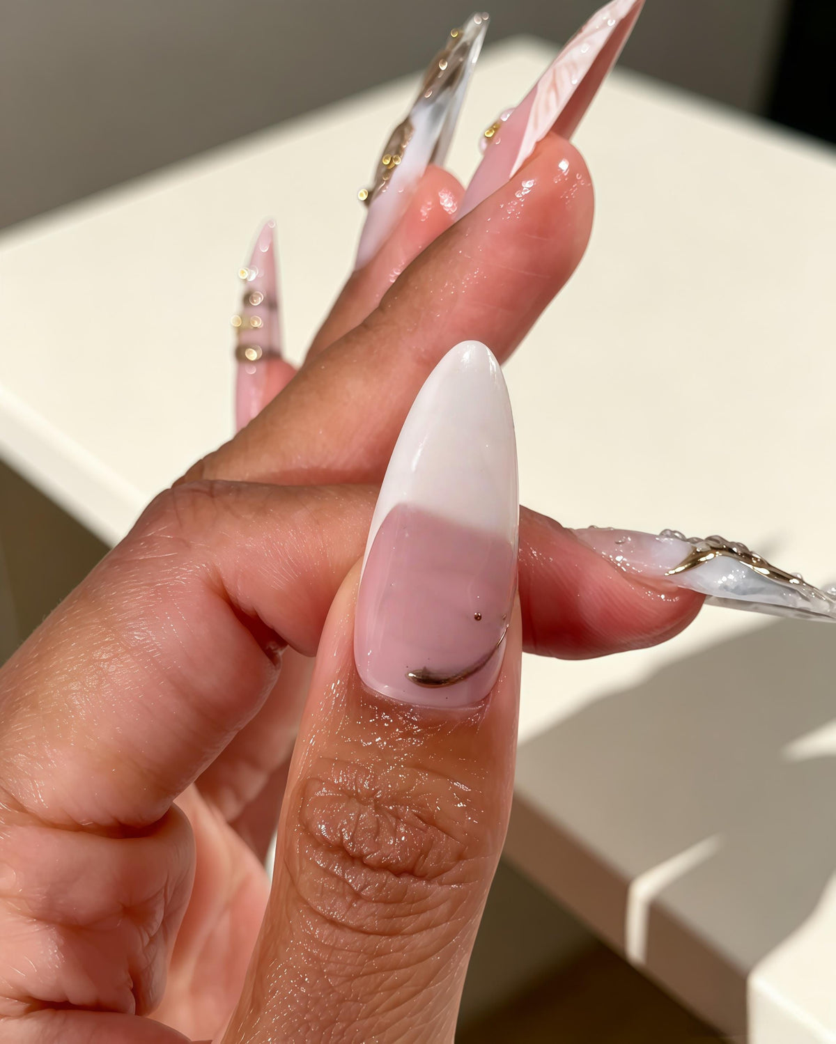 Sheer Pink and Nude Seashell Press On Nails with Gold Details, Pearls and Rhinestones