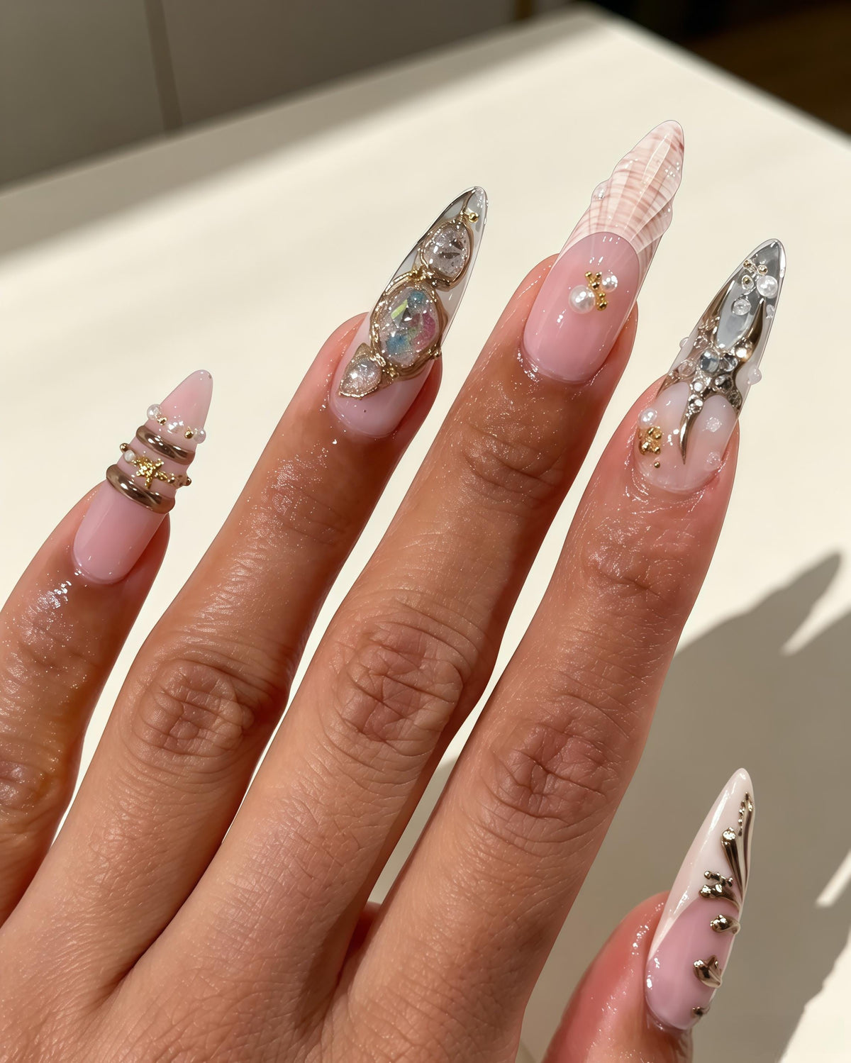 Sheer Pink and Nude Seashell Press On Nails with Gold Details, Pearls and Rhinestones