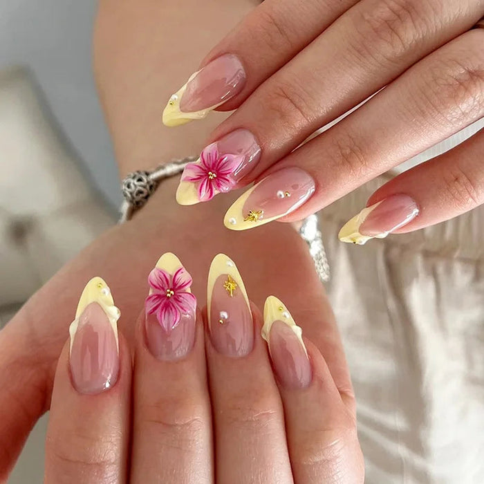 Sheer Pink and Yellow French Tip Press On Nails with 3D Flowers and Pearl Details