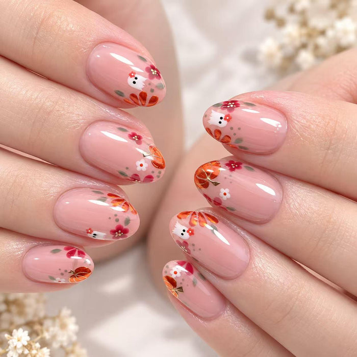 Sheer Pink Fall Floral Press-On Nails with Pumpkin Art and Autumn Leaves