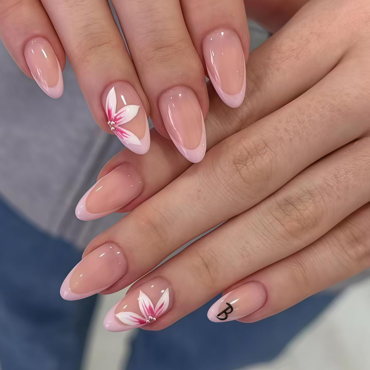 Sheer Pink Floral French Tip Nails With Black B Monogram