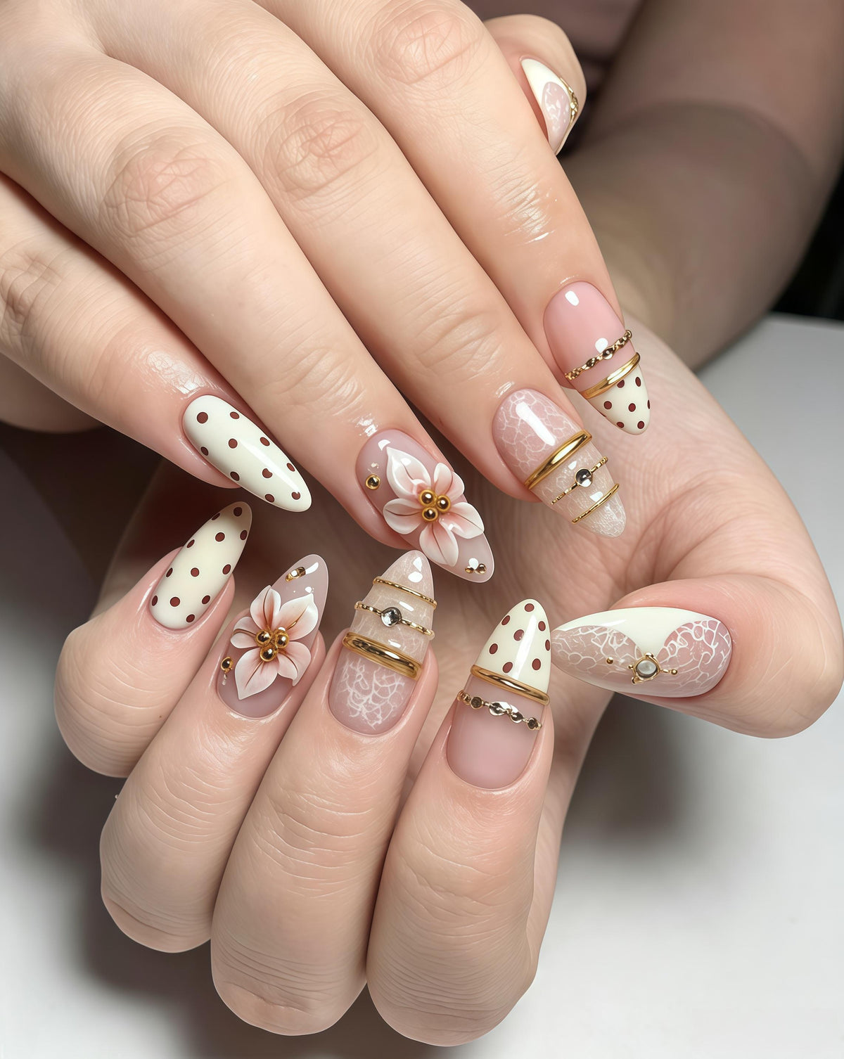 Sheer Pink Floral Polka Dot Nail Set with 3D Flowers and Gold Accents