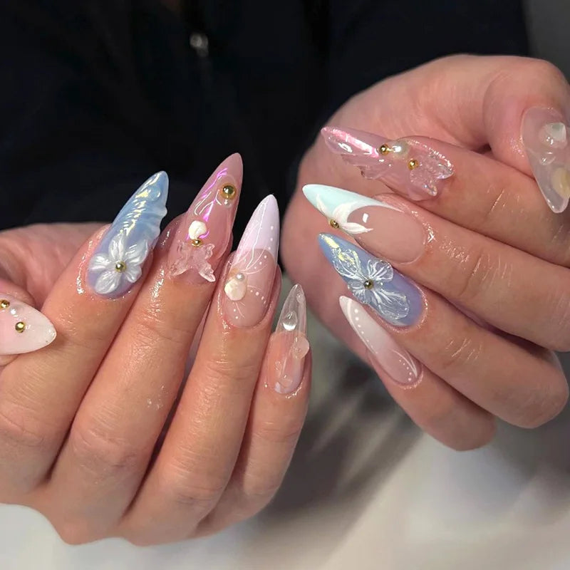 Sheer Pink Floral Press-On Nails with Blue-and-White Flowers and Gold Accents