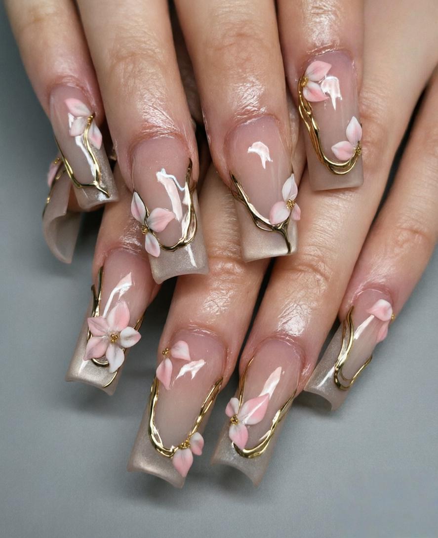Sheer Pink Floral Press On Nails With Gold Branch Accents