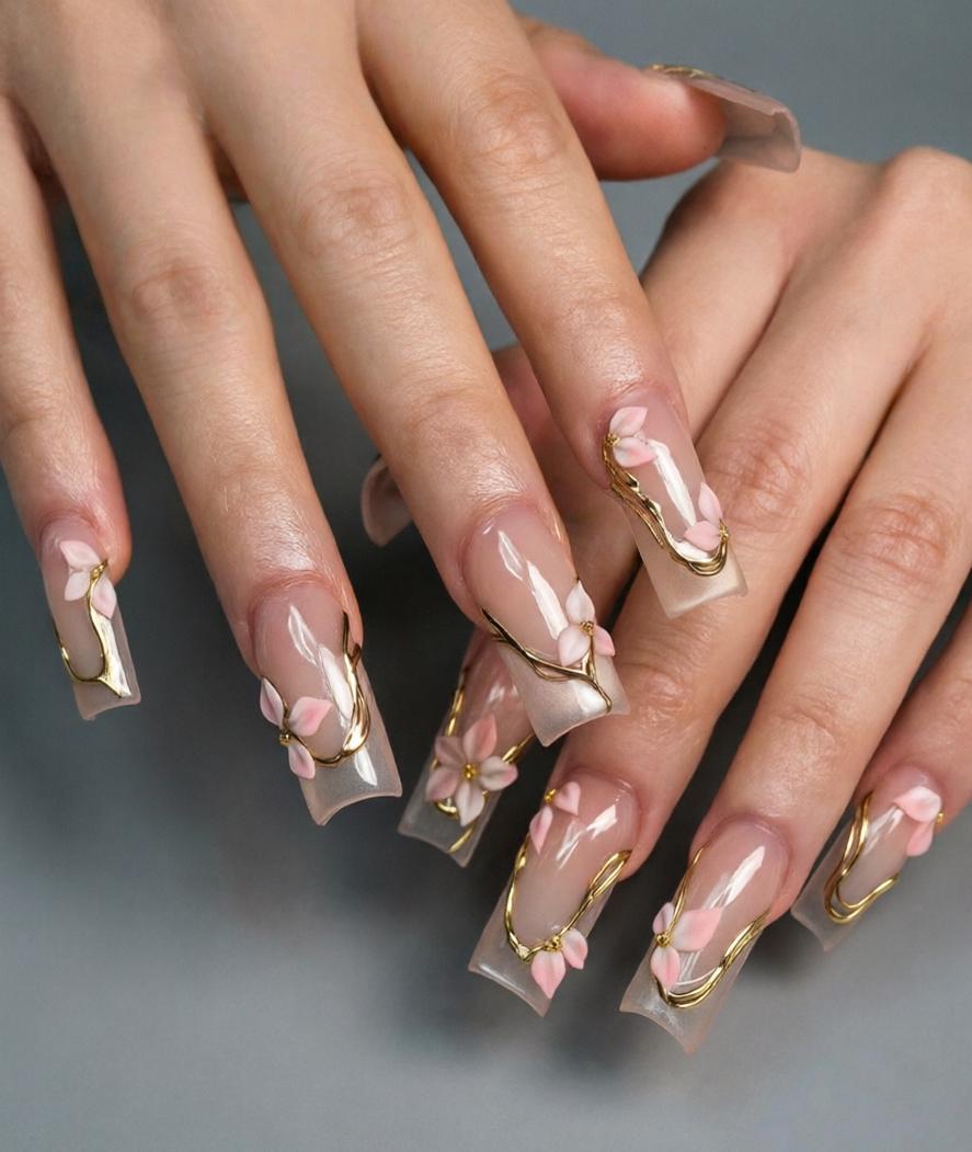 Sheer Pink Floral Press On Nails With Gold Branch Accents