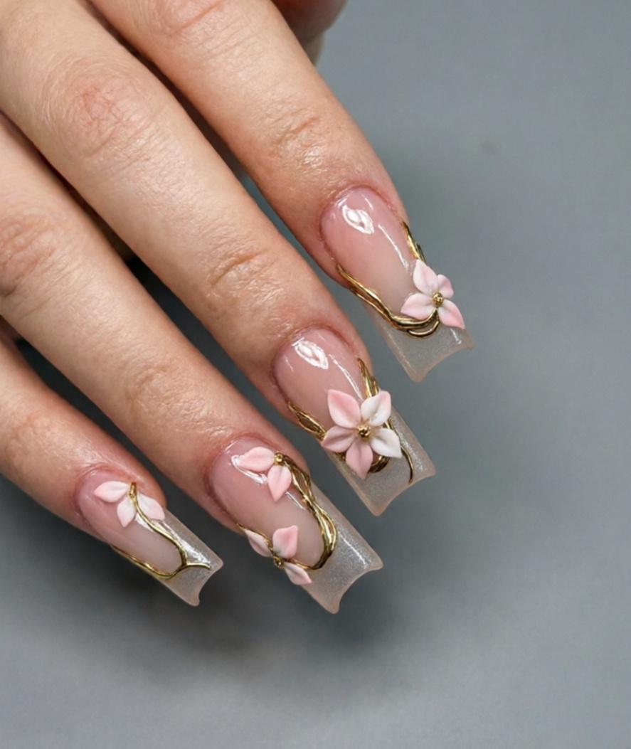 Sheer Pink Floral Press On Nails With Gold Branch Accents