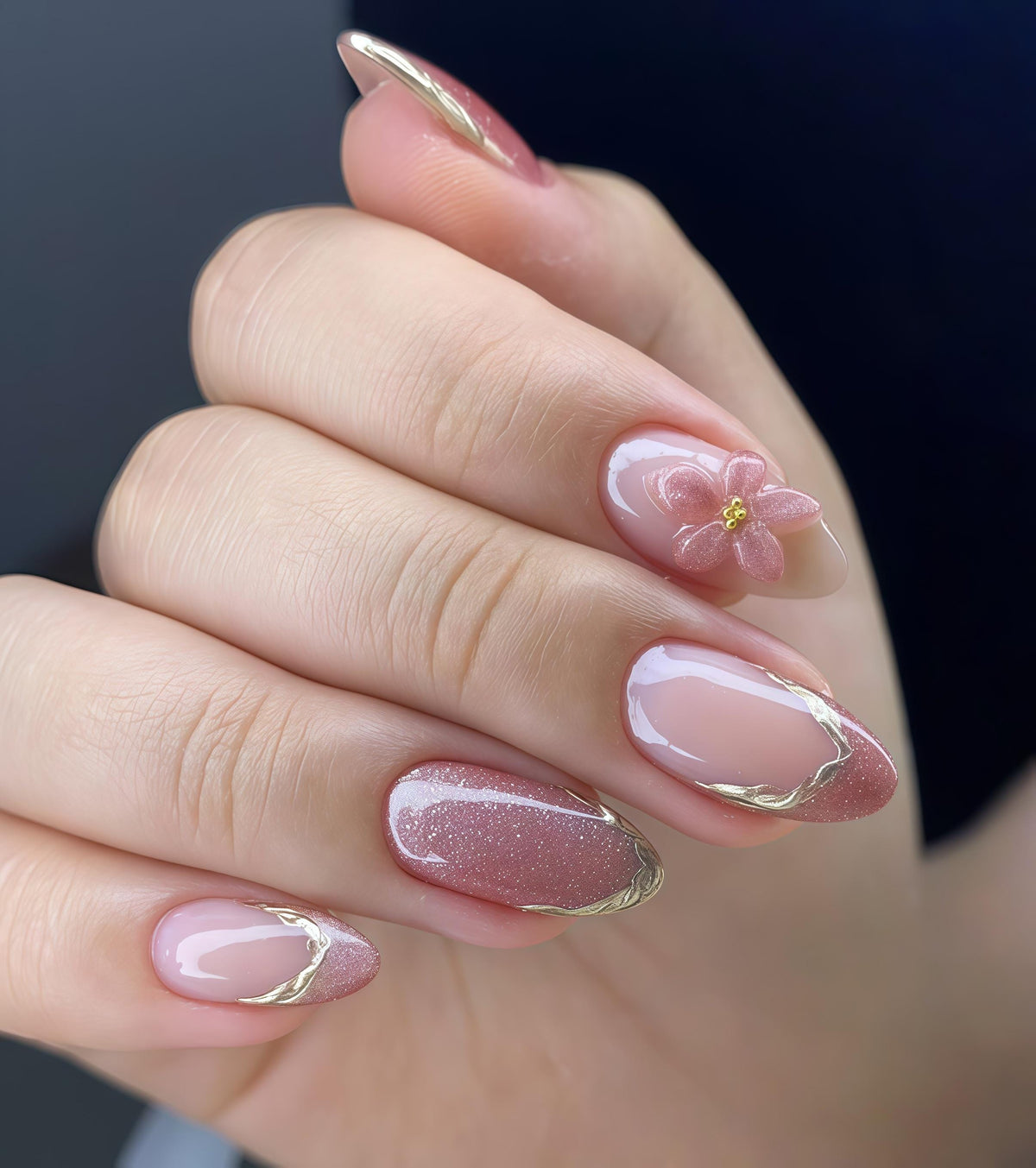 Sheer Pink Flower Press On Nails With Gold Edging and Glitter
