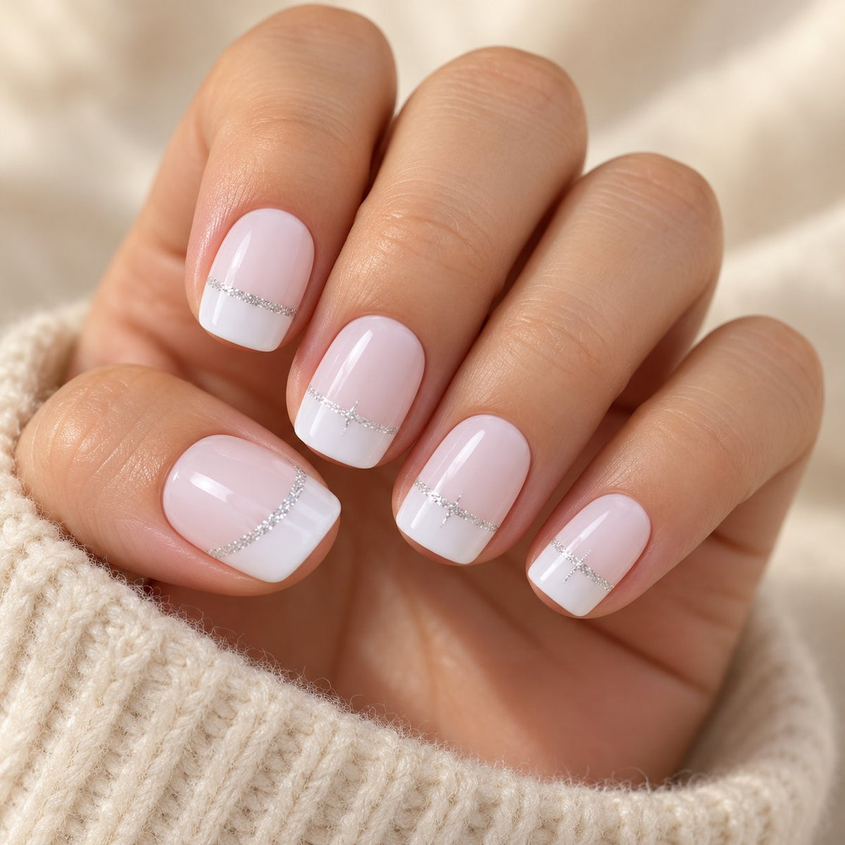 Sheer Pink French Tip Nail Set with Fine Silver Glitter Accents worn on hand