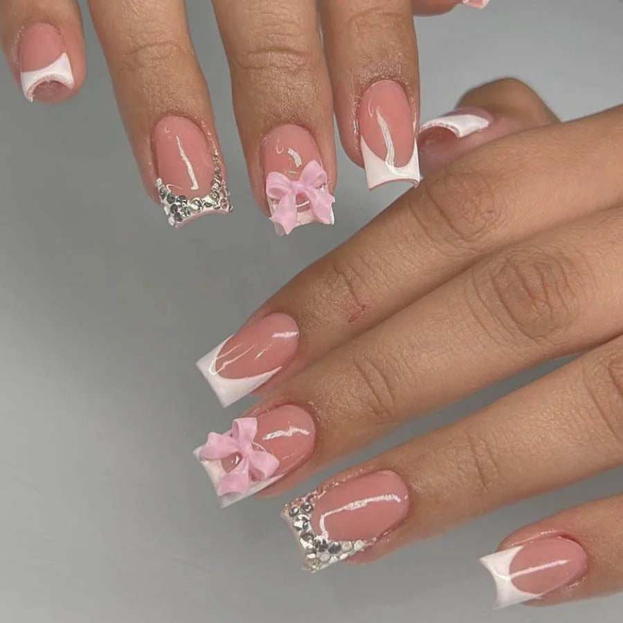 Sheer Pink French Tip Nails With 3D Bows and Silver Rhinestones