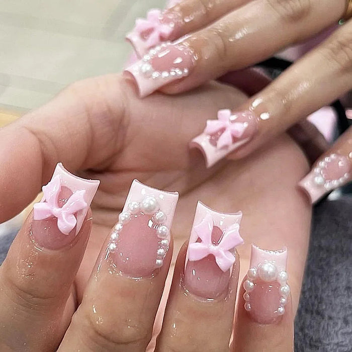 Sheer Pink French Tip Press On Nails With 3D Bows, Pearls and Rhinestones