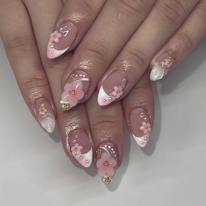 Sheer Pink French Tip Press On Nails With 3D Flowers and Gold Accents