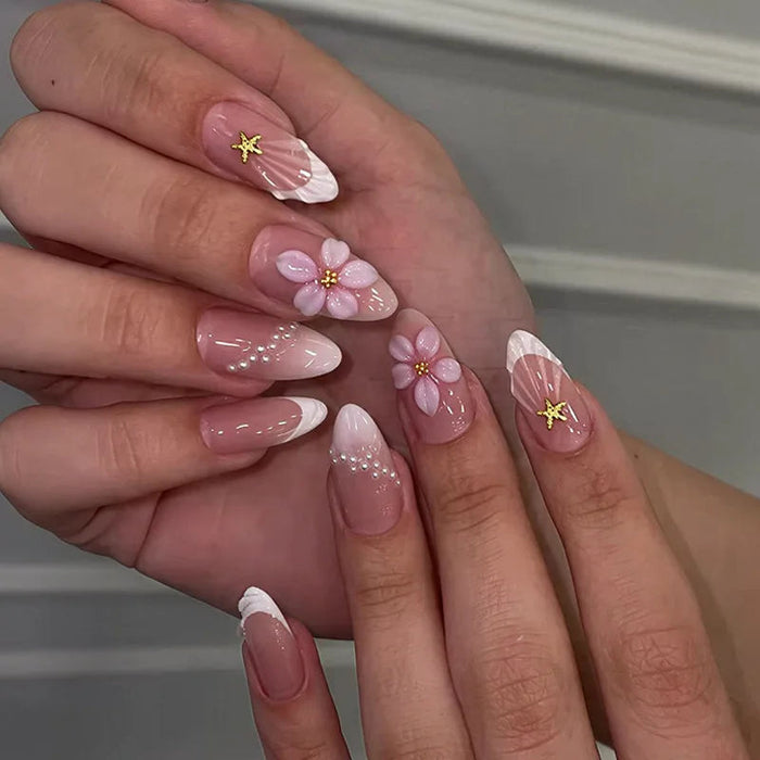 Sheer Pink French Tip Press On Nails With 3D Flowers, Pearls and Gold Star Charms