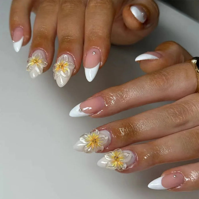 Sheer Pink French Tip Press On Nails with 3D White Flowers and Yellow Centers