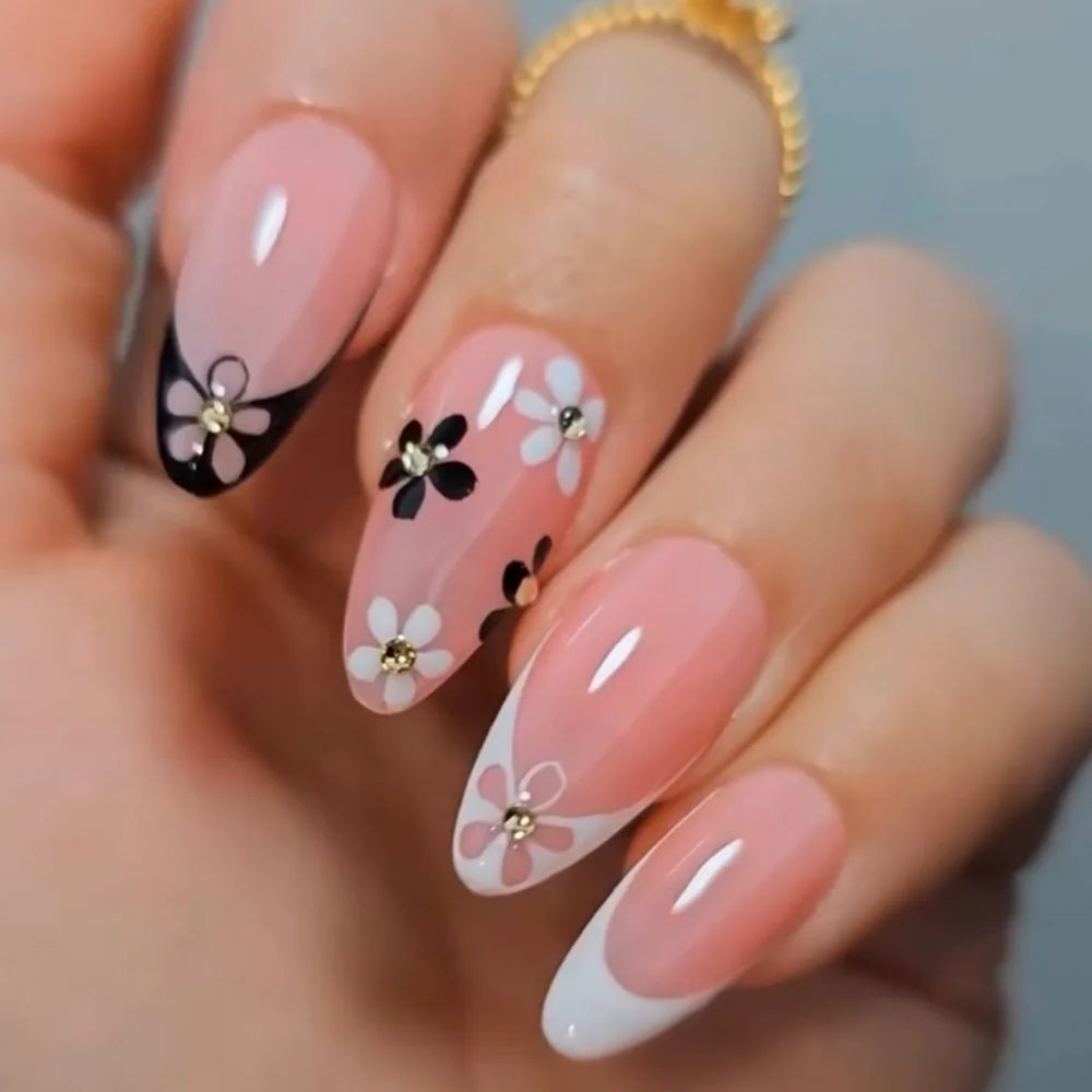 Sheer Pink French Tip Nails With Black and White Daisies