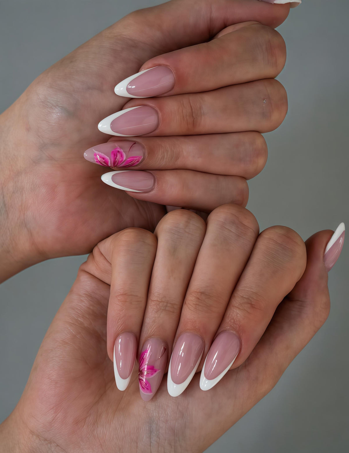 Sheer Pink French Tip Nails With Bright Pink Floral Accent Art